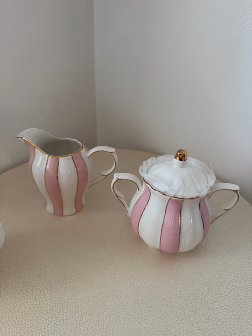 Pink and White Striped Porcelain Creamer & Sugar Set